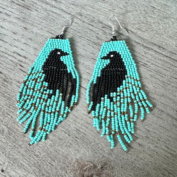 2/$20 Black Bird Teal Bead Fringe Raven Southwestern Earrings - Picture 2 of 8